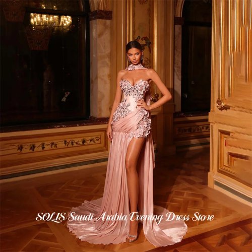 SOLIS Blush Pink Sweetheart Prom Gown — Floor‑Length Party Dress with High Side Split and 3D Floral Details, Customizable