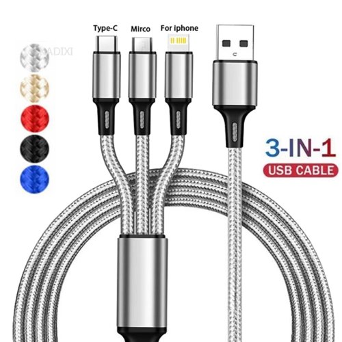 Cáp sạc KADIXI 3 trong 1 sạc nhanh USB – Type-C, Micro USB & Lightning, bọc nylon, cho iPhone, Huawei, Samsung
