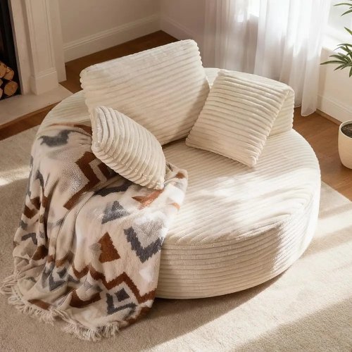 55 inch oversized ronde chaise lounge — corduroy gestoffeerde indoor bank, geen montage, makkelijk verplaatsbaar, accentstoel