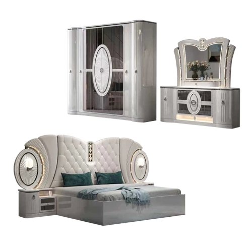 Conjunto de móveis para quarto moderno e luxuoso estilo turco — Cama king size com estrutura em madeira, conjunto completo
