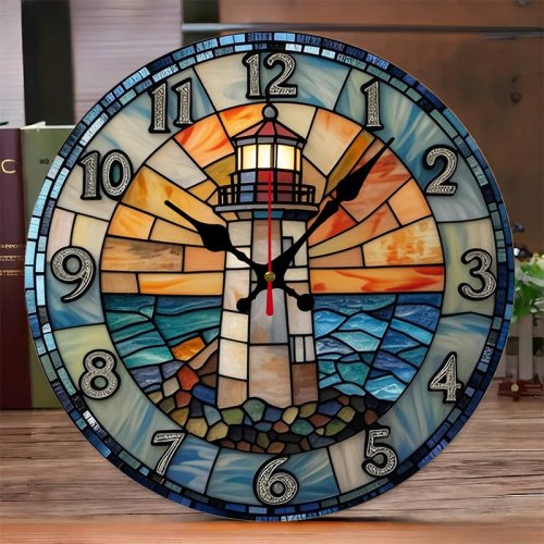 Lighthouse colored glass wooden round silent wall clock — quiet hanging clock for living room, bedroom, office, study