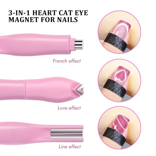 عصا مغناطيسية 3 في 1 Cat Eye للأظافر – نقش قلب وثعبان، تأثير عين القطة بنمط فرنش لطلاء جل UV، أداة تزيين المانيكير