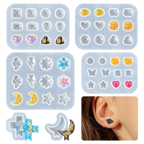 Molde de silicone para resina – moldes para brincos de pino mini gema e anel/pingente, para resina UV/epóxi, DIY