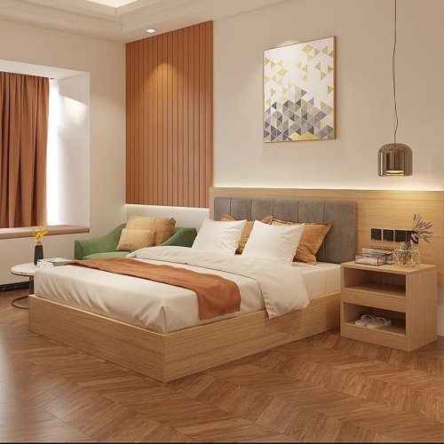 Hotel-style bedroom set — soft upholstered beds, available in Single, Full, Queen and Double sizes. Ideal for apartments, homestays and guest rooms