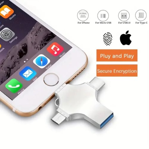 فلاشة USB 3.0 4 في 1 لهواتف iPhone (Lightning) وUSB‑C وAndroid والحاسوب — ذاكرة خارجية عالية السرعة