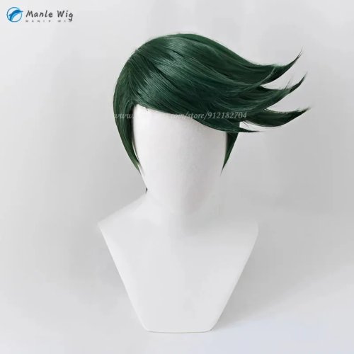 Rohan Kishibe Cosplay-Perücke kurz dunkelgrün, hitzebeständiges Kunsthaar, inkl. Ohrringe & Perückenkappe