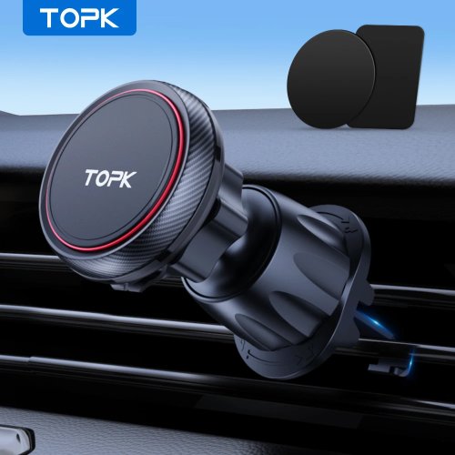 TOPK 자동차 자석 휴대폰 거치대 - N52 자석 6개, 송풍구 클립형, 360° 회전, iPhone 17 및 모든 휴대폰 호환