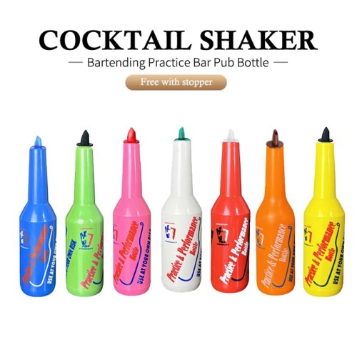 Flair bartending practice set — colorful training bottle with pourer and cocktail shaker, bar/liquor accessories