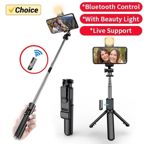 Selfie stick z statywem, lampą LED i pilotem Bluetooth — wysuwany uchwyt na telefon (iPhone), idealny do streamów i vlogów