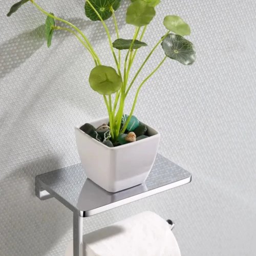 Zware chromen toiletrolhouder met plankje, verstelbaar links/rechts