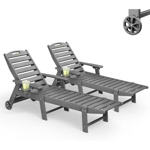 2-delige HDPE ligstoelen set, grijs – voor bij het zwembad, terras en tuin
