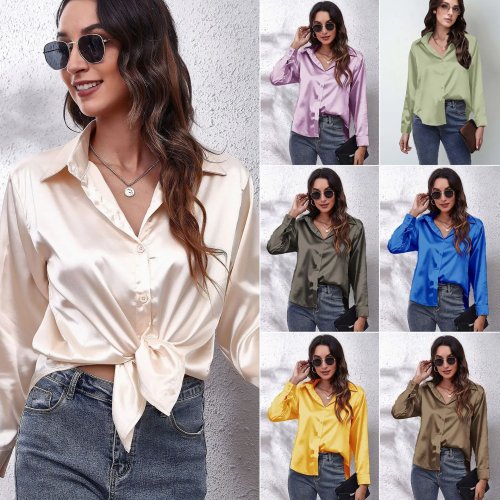 Blouse femme satin ample à boutons, manches longues, imitation soie