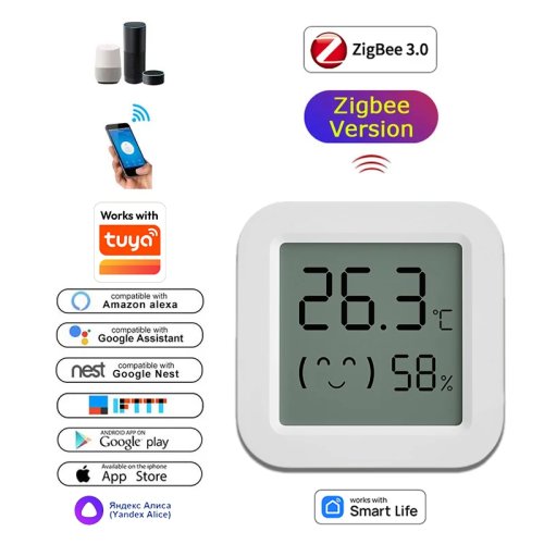 Zigbee Temperature & Humidity Sensor with LCD Screen — Works with Tuya/Smart Life App, Alexa, Google Home, Yandex