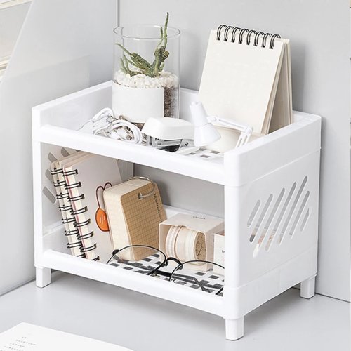 Organizador de sobremesa 2 niveles en PP blanco — Estantería rectangular para escritorio, cosméticos y papelería