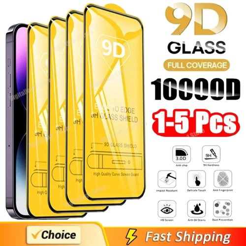 Kính cường lực 9D bảo vệ màn hình cho iPhone (1–5 chiếc) — Tương thích iPhone 7, X, XR, XS Max, 11, 12, 13, 14, 14 Plus, 15, 16, Pro/Pro Max