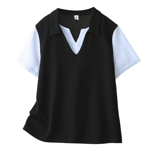 T‑shirt femme grande taille effet deux‑pièces, col polo, colorblock, coupe slim, décontracté