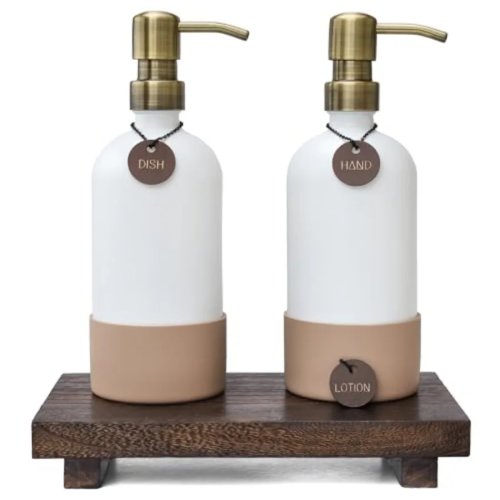 Set dispensador de jabón y loción blanco estilo boho con bandeja — dispensador para jabón de manos y para trastes, baño y cocina