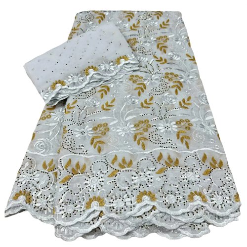 White–Gold African 100% Cotton Swiss Voile Dry Lace with Stones — 5+2 Yards, High‑Quality Fabric for Dressmaking