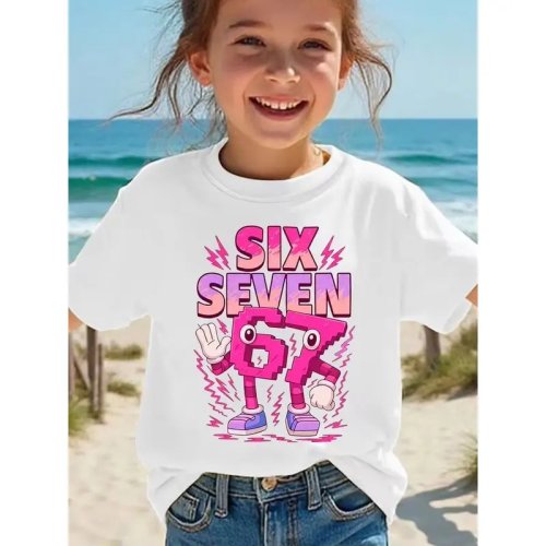 T‑shirt enfant fille blanc « Six Seven » 67 motif éclair rose pixellisé, coton doux
