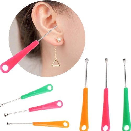 Conjunto de 4 instrumentos metálicos para limpeza do ouvido - colher auricular e cureta para remover cerúmen