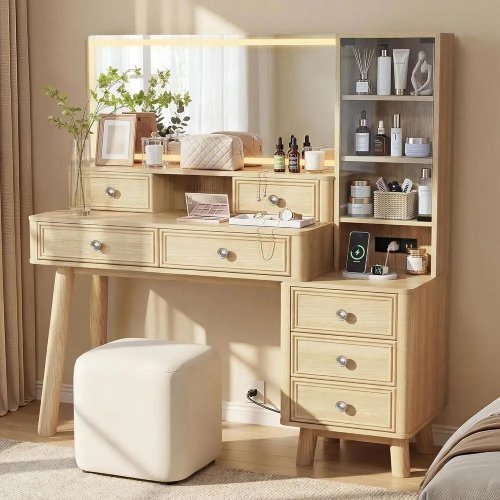 48-inch Oak Makeup Vanity Desk with Large Lighted Mirror, Drawers & Glass Storage Cabinet