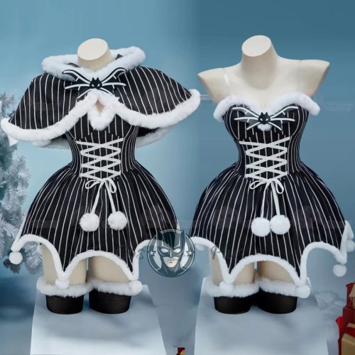 Déguisement cosplay femme Jack Skellington – Robe gothique rayée avec cape et manches amovibles, ensemble Halloween/Carnaval