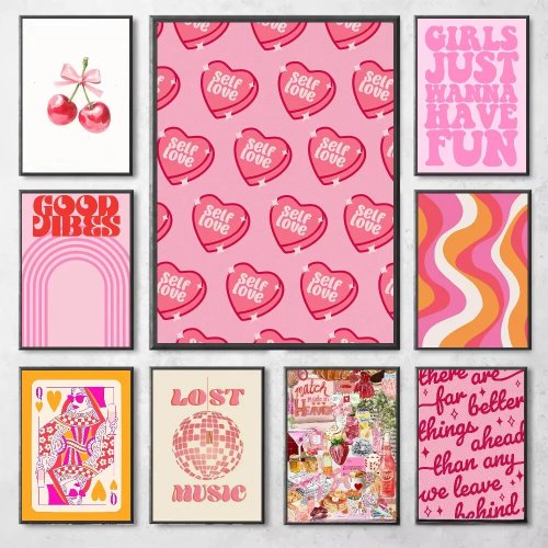 Stampa su tela Bauhaus cuore rosa e carte da gioco – poster per cameretta/studio, decorazione da parete per bar e casa