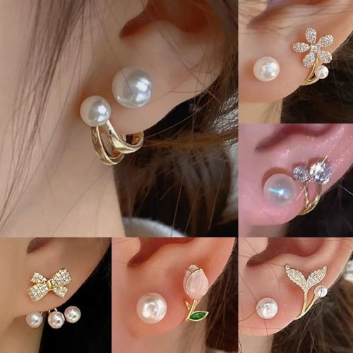 Puces d'oreilles coréennes perle et cristal — style vintage luxe, motifs fleur/papillon/feuille, bijoux femme pour mariage/fête/cadeau