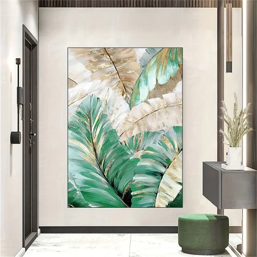 Lukisan kanvas daun hijau abstrak, digambar tangan — tahan air, tanpa bingkai, hiasan dinding untuk ruang tamu, kamar, kantor, kafe & bar