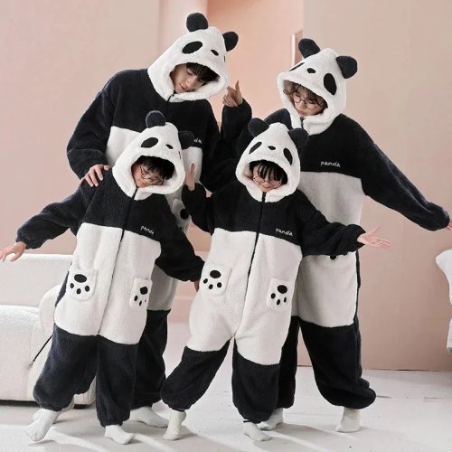 판다 캐릭터 원지(onesie) 파자마 후드형, 두툼한 플리스 겨울용, 남녀공용·키즈 — 부모-자녀 커플룩