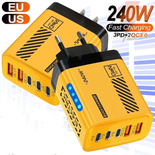 Bộ sạc để bàn GaN 240W 5-trong-1 — 3 cổng PD + 2 cổng USB sạc nhanh, kèm phích cắm EU/US/UK cho iPhone, Samsung, Xiaomi, tablet