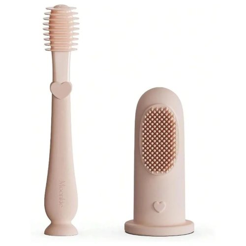 Sikat jari gigi & pembersih lidah untuk bayi 3 bulan ke atas, set 2 buah, warna pink blush