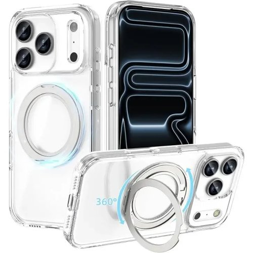 Ốp lưng iPhone 12/13/14/15/16/17 (Pro/Max/Plus) có vòng nam châm xoay 360°, tương thích MagSafe, chống sốc chuẩn quân đội, trong mờ (matte)