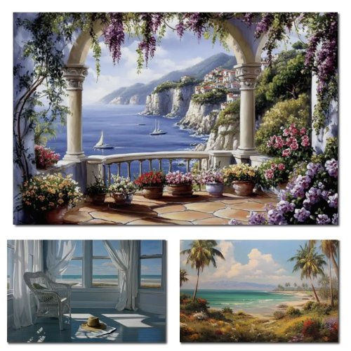 Tranh canvas phong cảnh Địa Trung Hải - biệt thự ven biển HD, tranh biển hiện đại treo phòng khách, cỡ lớn