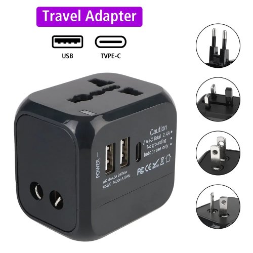 Adattatore da viaggio universale (US/EU/UK/AU) — caricatore da parete con 2 porte USB e 1 USB‑C