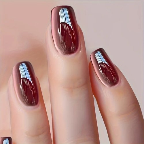 24PCS Cherry Red Cat-Eye Press-On Nails — Glossy Fake Nail Set with Gems, Removable Tips; Includes Jelly Adhesive & Nail File