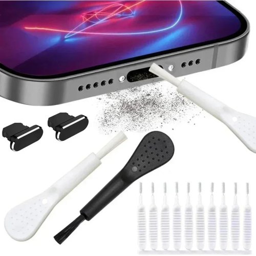 Tappi antipolvere porta ricarica con spazzolina per pulizia, compatibile con iPhone 15/14/13/16 Pro/Max/Plus, Samsung, Xiaomi — kit pulizia Lightning e USB‑C