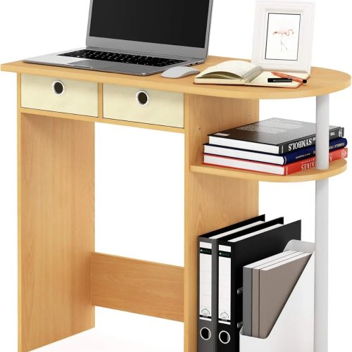 Go Green Home Laptop/Computer Desk with 2 Drawer Bins, Beech / Ivory / White