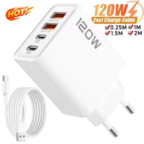 محطة شحن 4 منافذ 120W USB‑C شحن سريع PD + QC3.0، محول جداري مع كابل — شاحن سفر متعدد المنافذ (مقابس EU/US/UK) لهواتف iPhone وSamsung وXiaomi وHuawei