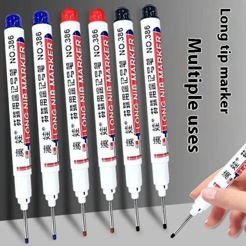 Marcadores cabeza larga impermeables para orificios profundos (metal y carpintería), 4/12 pzas — tinta rojo/negro/azul/verde