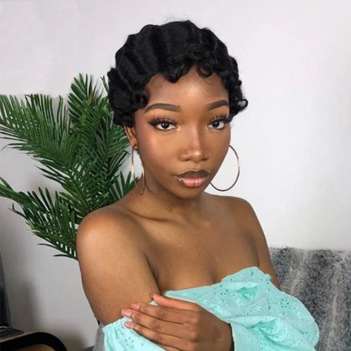 Kurze Pixie-Perücke aus brasilianischem Echthaar, komplett maschinengefertigt, schwarz, Ocean Fingerwave-Stil