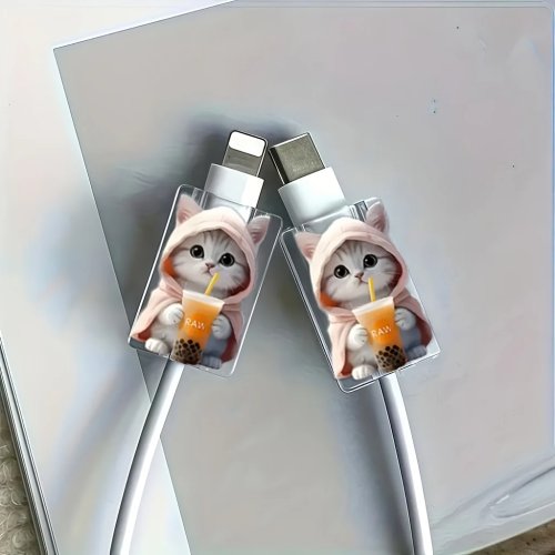 2-pack USB-C kabelbeschermer met kattenprint — breukbestendig, leuk en duurzaam