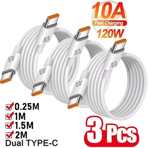 USB-C-auf-USB-C Kabel 120W (10A) Schnelllade- & Hochgeschwindigkeits-Datenkabel — Pack 1 oder 3 Stück, kompatibel mit Samsung, Xiaomi, iPhone