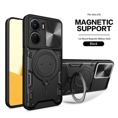 Funda resistente para Vivo Y16/Y56/T2X 5G tipo armor con soporte magnético y cubierta corrediza para cámara