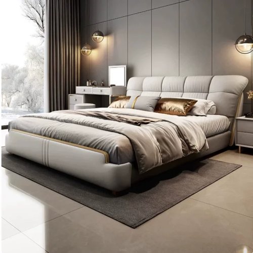 Doppelbett aus Vollnarbenleder (erste Schicht Rindleder), italienisch-modern, minimalistischer Luxus, großzügig mit Bettkasten