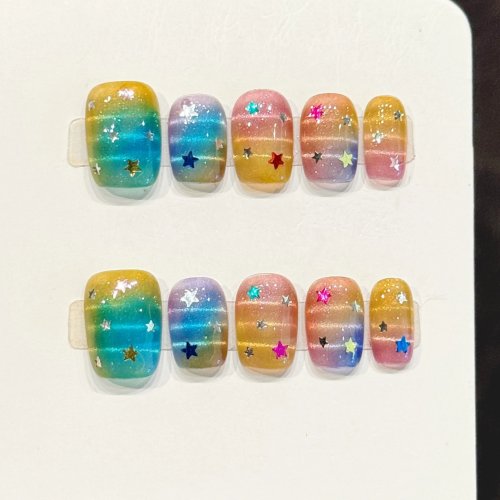 10 chiếc Móng Giả Ngắn Kiểu Ballerina Màu Gradient có Kim Tuyến Hình Ngôi Sao – Press-on