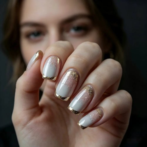 Uñas postizas press-on cortas cuadradas ombré, 24 pz con glitter dorado efecto acrílico