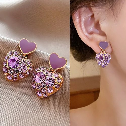 Koreanische Herz-Ohrhänger mit lila Kristall, 925er Silberstift – Damen, elegant & trendig