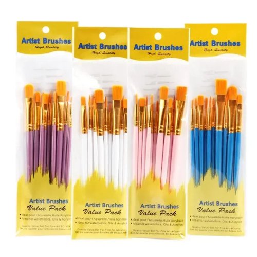 Set 10 pinceles de nylon para pintura al óleo, mango de plástico - para estudiantes