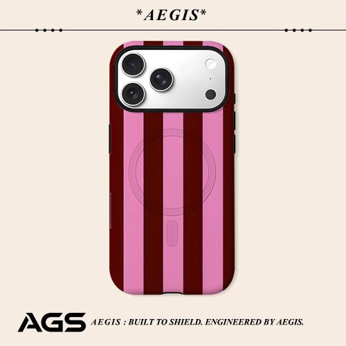 Aegis MagSafe対応 保護バンパーケース iPhone 17/16/15/14 Plus/13 Pro Max用 ハードPC ピンク×マルーンストライプ